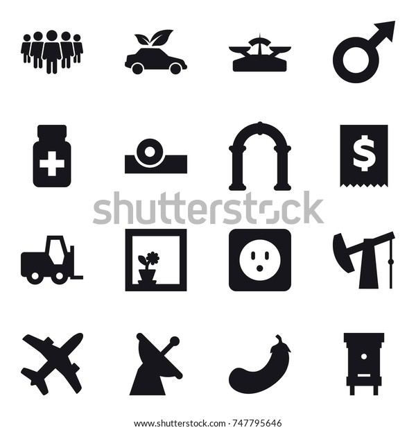 16 vector icon set : team,\
eco car, scales, arch, flower in window, power socket, eggplant,\
hive
