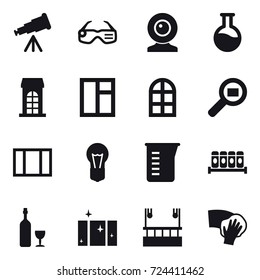 16 vector icon set : telescope, smart glasses, web cam, building, window, arch window, measuring cup, wine, clean  window, skyscapers cleaning, wiping