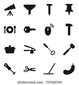 16 vector icon set : telescope, funnel, nail, cafe, key, pan, garlic clasp, whisk, meat hammer, scissors, rake, eggplant