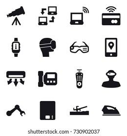 16 vector icon set : telescope, notebook connect, notebook wireless, tap to pay, smartwatch, virtual mask, smart glasses, air conditioning, intercome, kitchen scales, soil cutter, iron