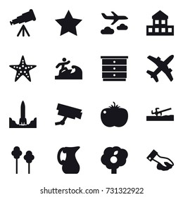 16 vector icon set : telescope, star, journey, cottage, starfish, surfer, chest of drawers, soil cutter, trees, jug, garden, wiping