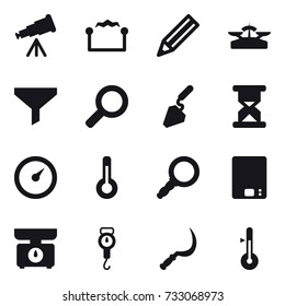 16 vector icon set : telescope, electrostatic, pencil, scales, funnel, construction, barometer, thermometer, kitchen scales, handle scales, sickle