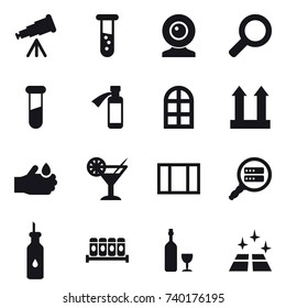 16 vector icon set : telescope, vial, web cam, arch window, cocktail, window, wine, clean floor