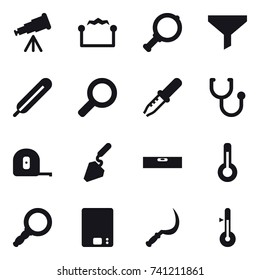 16 vector icon set : telescope, electrostatic, magnifier, funnel, measuring tape, construction, level, thermometer, kitchen scales, sickle