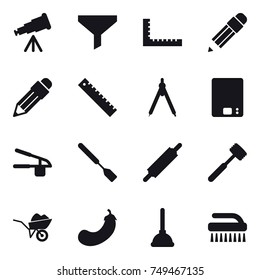 16 vector icon set : telescope, funnel, ruler, pencil, drawing compass, kitchen scales, garlic clasp, spatula, rolling pin, meat hammer, wheelbarrow, eggplant, plunger, brush