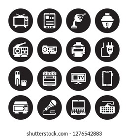 16 vector icon set : Television, Laptop, Microphone, Microwave, Mobile phone, Keyboard, Radio, Pendrive, Printer isolated on black background