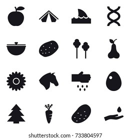 16 vector icon set : tent, shark flipper, cauldron, trees, pear, flower, horse, sow, egg, spruce, carrot, potato, hand and drop