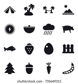 16 vector icon set : tent, island, palm hammock, landscape, cauldron, rain cloud, pig, fish, strawberry, egg, grain elevator, spruce, acorn, carrot, peas