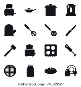 16 vector icon set : toaster, pan, kettle, cook glove, whisk, skimmer, knife, meat hammer, bread, dish cleanser