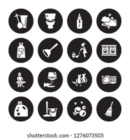 16 vector icon set : Toilet brush, Bubbles, Cleaning, Detergent, Dishes, Broom, Shampoo, Ironing, Mop isolated on black background