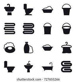 16 vector icon set : toilet, washing, bucket, towels, towel, soap, shampoo, foam basin, hanger, water tap sink, bath, stack of towels
