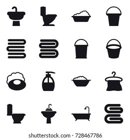 16 vector icon set : toilet, washing, bucket, towels, towel, soap, liquid soap, foam basin, hanger, water tap sink, bath, stack of towels