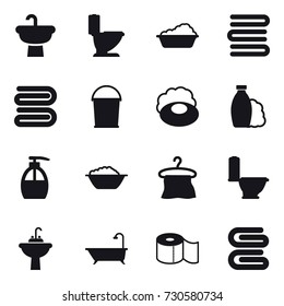 16 vector icon set : toilet, washing, towels, towel, bucket, soap, shampoo, liquid soap, foam basin, hanger, water tap sink, bath, toilet paper, stack of towels