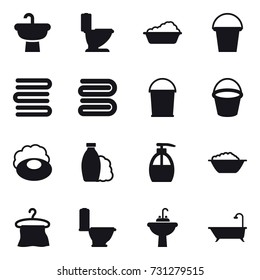 16 vector icon set : toilet, washing, bucket, towels, towel, soap, shampoo, liquid soap, foam basin, hanger, water tap sink, bath