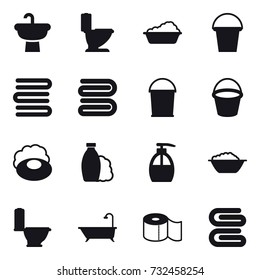 16 vector icon set : toilet, washing, bucket, towels, towel, soap, shampoo, liquid soap, foam basin, bath, toilet paper, stack of towels