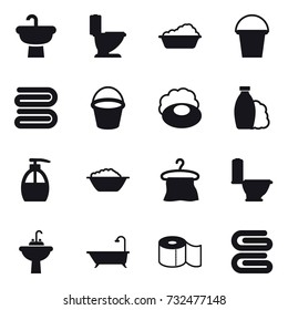 16 vector icon set : toilet, washing, bucket, towel, soap, shampoo, liquid soap, foam basin, hanger, water tap sink, bath, toilet paper, stack of towels