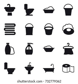 16 vector icon set : toilet, washing, bucket, towels, soap, shampoo, liquid soap, foam basin, hanger, water tap sink, bath, toilet paper