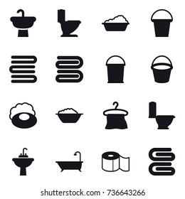 16 vector icon set : toilet, washing, bucket, towels, towel, soap, foam basin, hanger, water tap sink, bath, toilet paper, stack of towels