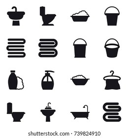 16 vector icon set : toilet, washing, bucket, towels, towel, shampoo, liquid soap, foam basin, hanger, water tap sink, bath, stack of towels