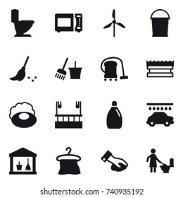 16 vector icon set : toilet, windmill, bucket, broom, bucket and broom, vacuum cleaner, sponge, soap, skyscapers cleaning, cleanser, car wash, utility room, hanger, wiping, toilet cleaning