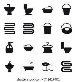 16 vector icon set : toilet, washing, bucket, towels, towel, soap, liquid soap, foam basin, hanger, water tap sink, bath, toilet paper, stack of towels
