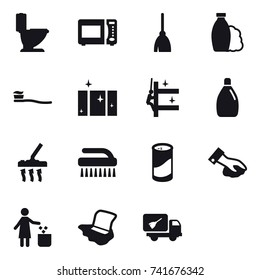 16 vector icon set : toilet, broom, shampoo, tooth brush, clean  window, skyscrapers cleaning, cleanser, vacuum cleaner, brush, cleanser powder, wiping, garbage bin, floor washing
