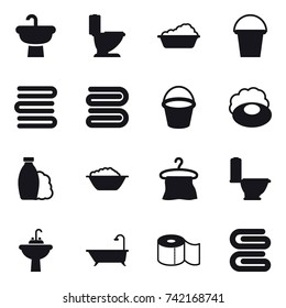 16 vector icon set : toilet, washing, bucket, towels, towel, soap, shampoo, foam basin, hanger, water tap sink, bath, toilet paper, stack of towels