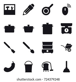 16 vector icon set : tools, pencil, pan, kitchen scales, spatula, big spoon, wheelbarrow, eggplant, bucket, vacuum cleaner, plunger