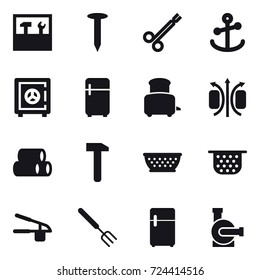 16 vector icon set : tools, nail, safe, fridge, toaster, kolander, colander, garlic clasp, big fork, water pump 16 vector icon set : tools, nail, safe, fridge, toaster, kolander, colander, garlic clasp, big fork, water pump