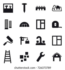 16 vector icon set : tools, nail, bridge, project, skyscrapers, hangare, window, measuring tape, repair, water tap, stairs, wrench, barn