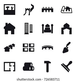 16 vector icon set : tools, greate wall, bridge, project, home, skyscrapers, minaret, houses, panel house, construction, plan, scraper