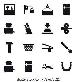 16 vector icon set : tools, fridge, toaster, stands for knives, colander, garlic clasp, big spoon, scissors, horseshoe