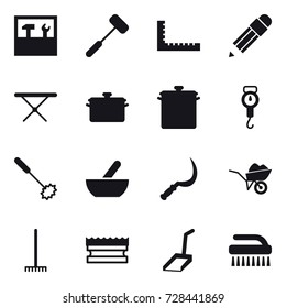 16 vector icon set : tools, ruler, pencil, iron board, pan, handle scales, whisk, mortar, sickle, wheelbarrow, rake, sponge, scoop, brush