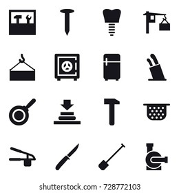 16 vector icon set : tools, nail, safe, fridge, stands for knives, pan, colander, garlic clasp, knife, shovel, water pump
