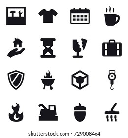 16 vector icon set : tools, t-shirt, calendar, hot drink, real estate, suitcase, shield, bbq, handle scales, harvester, acorn, vacuum cleaner
