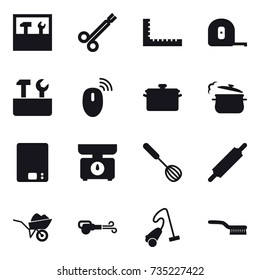 16 vector icon set : tools, ruler, measuring tape, repair tools, pan, steam pan, kitchen scales, whisk, rolling pin, wheelbarrow, blower, vacuum cleaner, brush