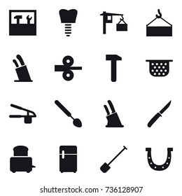 16 vector icon set : tools, stands for knives, colander, garlic clasp, big spoon, knife holder, knife, shovel, horseshoe