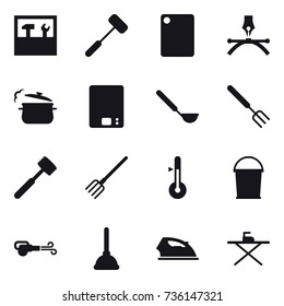 16 vector icon set : tools, cutting board, steam pan, kitchen scales, ladle, big fork, meat hammer, fork, thermometer, bucket, blower, plunger, iron, iron board