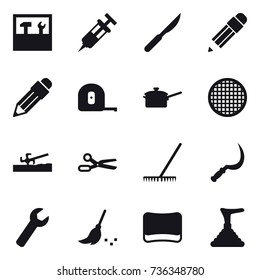 16 vector icon set : tools, pencil, measuring tape, saute pan, soil cutter, scissors, rake, sickle, wrench, broom, sponge, plunger