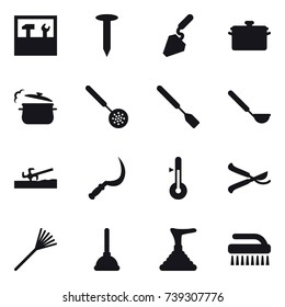 16 vector icon set : tools, nail, construction, pan, steam pan, skimmer, spatula, ladle, soil cutter, sickle, thermometer, pruner, rake, plunger, brush