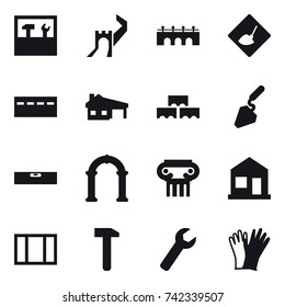 16 vector icon set : tools, greate wall, bridge, under construction, bunker, house with garage, block wall, construction, level, arch, antique column, home, window, wrench, gloves