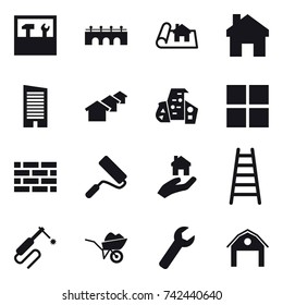 16 vector icon set : tools, bridge, project, home, skyscraper, houses, modern architecture, window, brick wall, repair, real estate, stairs, wheelbarrow, wrench, barn