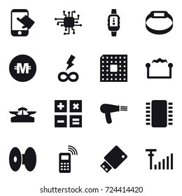 16 vector icon set : touch, chip, smartwatch, smart bracelet, crypto currency, infinity power, cpu, electrostatic, scales, calculator, hair dryer