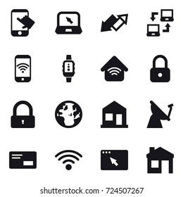 16 vector icon set : touch, notebook, up down arrow, notebook connect, phone wireless, smartwatch, wireless home, lock, home, house