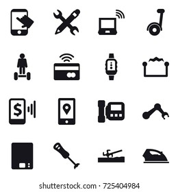 16 vector icon set : touch, pencil wrench, notebook wireless, segway, hoverboard, tap to pay, smartwatch, electrostatic, mobile pay, intercome, kitchen scales, soil cutter, iron