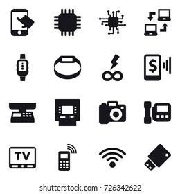 16 vector icon set : touch, chip, notebook connect, smartwatch, smart bracelet, infinity power, mobile pay, market scales, atm, camera, intercome, tv