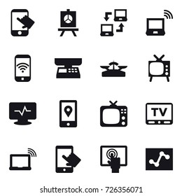 16 vector icon set : touch, presentation, notebook connect, notebook wireless, phone wireless, market scales, scales, tv
