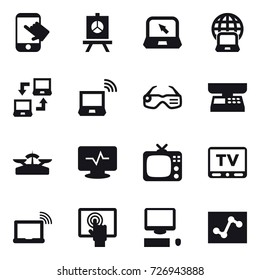 16 vector icon set : touch, presentation, notebook, notebook globe, notebook connect, notebook wireless, smart glasses, market scales, scales, tv