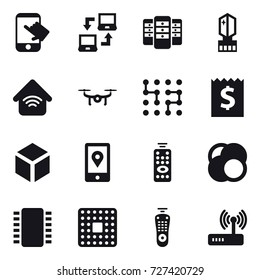 16 vector icon set : touch, notebook connect, server, crystall memory, wireless home, drone, chip, receipt, 3d, remote control 16 vector icon set : touch, notebook connect, server, crystall memory, wireless home, drone, chip, receipt, 3d, remote control