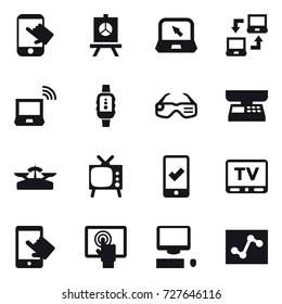 16 vector icon set : touch, presentation, notebook, notebook connect, notebook wireless, smartwatch, smart glasses, market scales, scales, tv, mobile checking